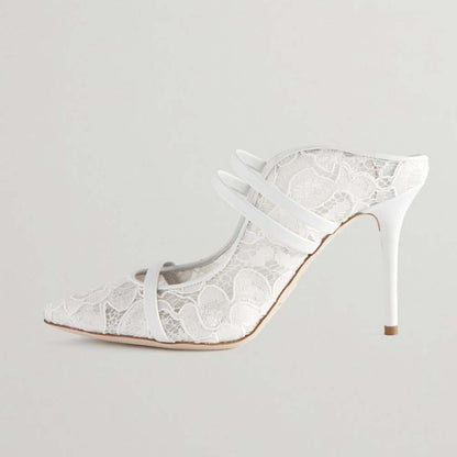 White Pointed Toe Stiletto Heel Wedding Women Mules Shoes with Strappy