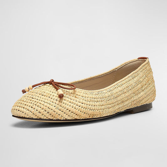 Stylish Beige Woven Raffia Round Toe Ballet Flats with Bow Decor