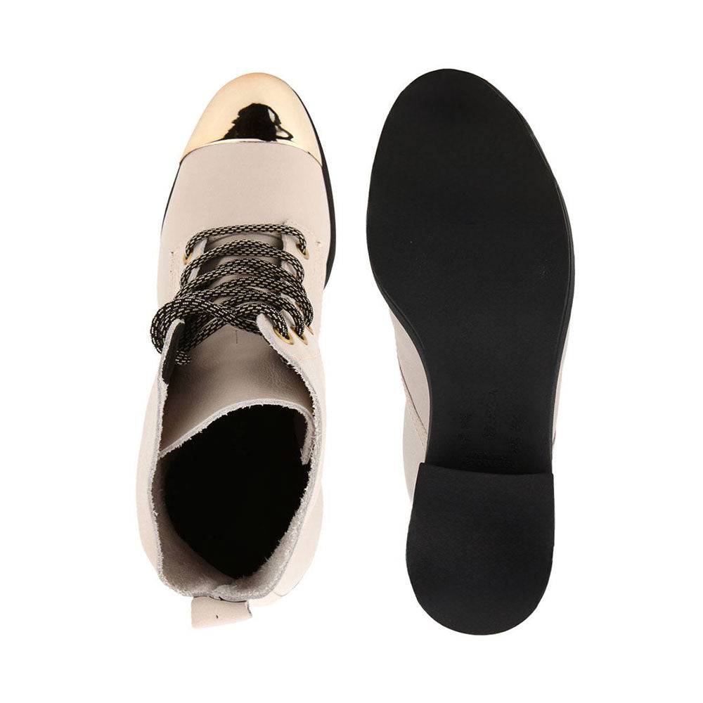 Women's Metal Round Toe Tie-Up Chunky Heel Ankle Boots in Beige