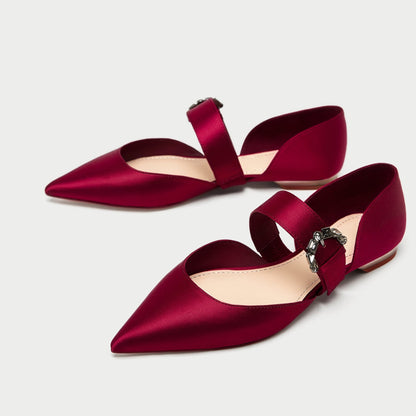 Women's Maroon Satin Pointy Toe Flats Crystal Buckle Mary Jane Shoes