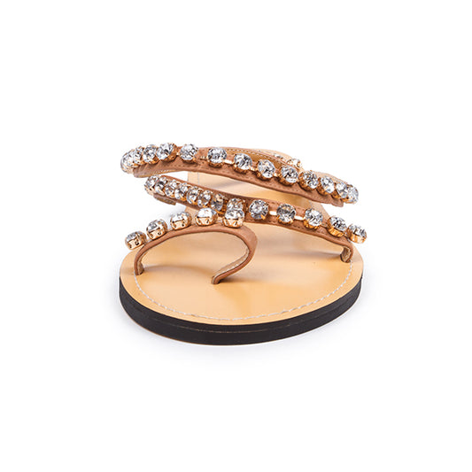 Women's Tan Beach Flats Rhinestone Strappy Toe Ring Sandals