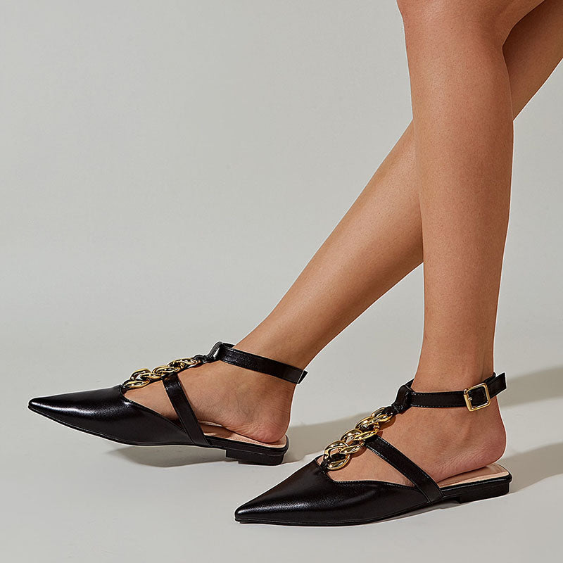 Women's Chain Embellished T Strap Pointed Toe Flats in Black