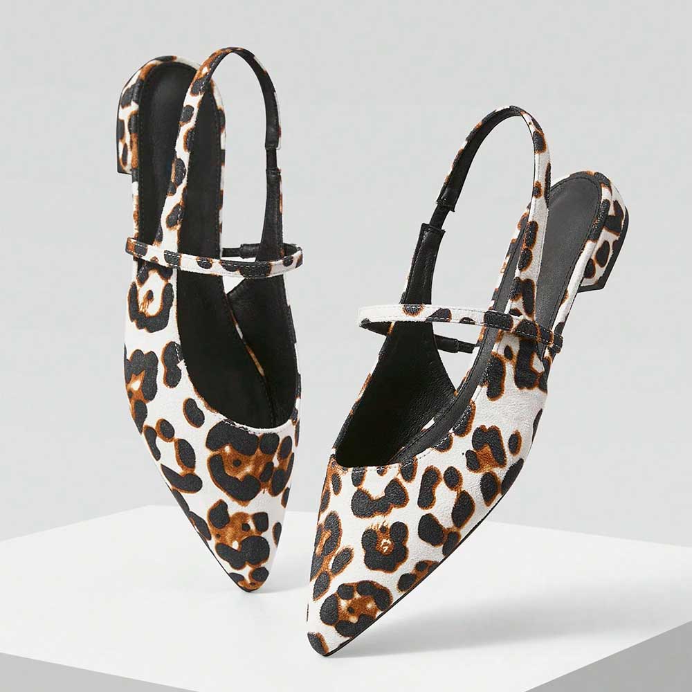 White & Brown Vegan Suede Leopard Print Pointy Toe Slingback Flats