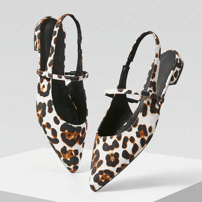 White & Brown Vegan Suede Leopard Print Pointy Toe Slingback Flats