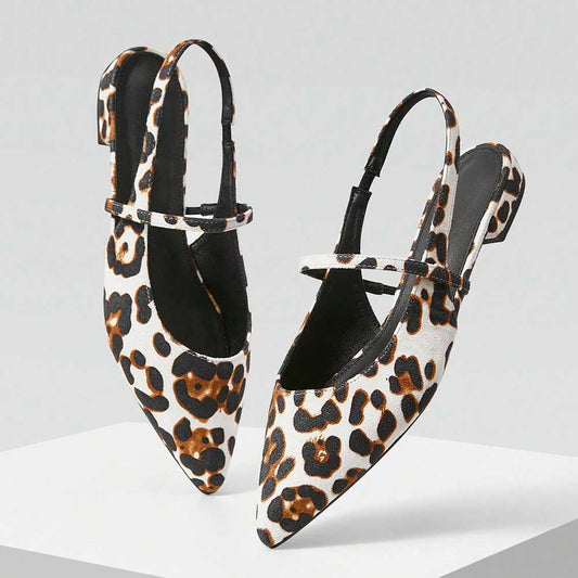 White & Brown Vegan Suede Leopard Print Pointy Toe Slingback Flats