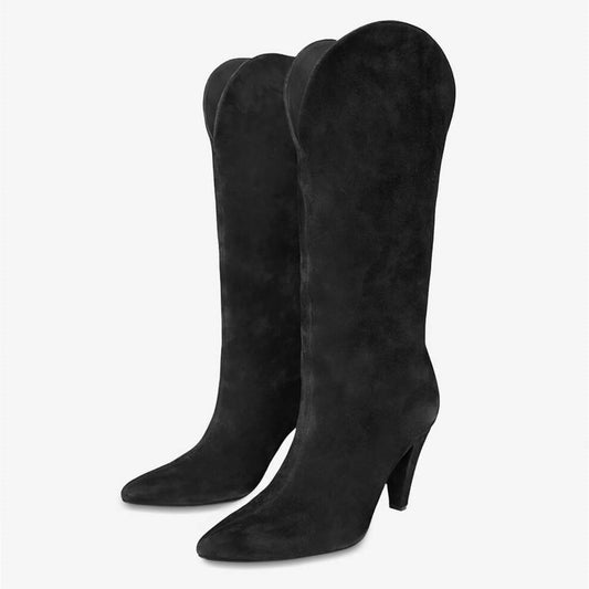 Black Closed Toe Cone Heel Slip On Mid Calf Boots for Women