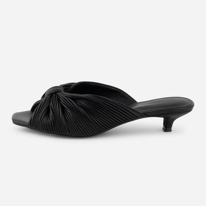 Women's Black Knot Detail Peep Toe Pleated Mule Kitten Heels