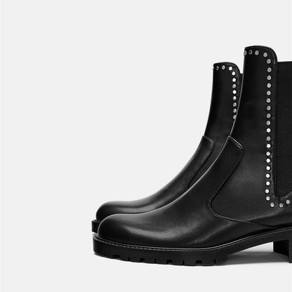 Black Vegan Leather Chelsea Boots Round Toe Studs Ankle Boots