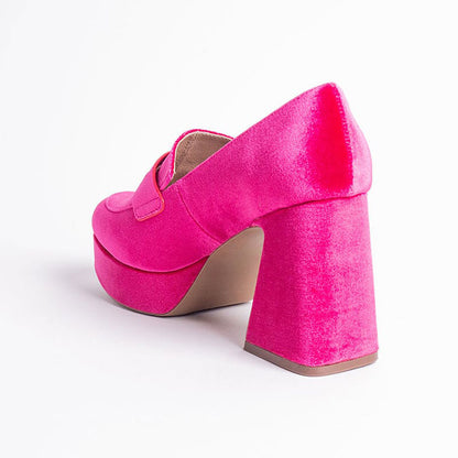 Hot Pink Velvet Round Toe Block Heel Platform Penny Loafers Women