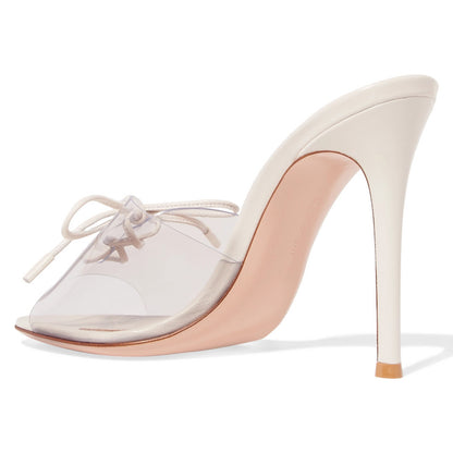 Women's Beige Peep Toe Heels Transparent Band Lace-Up Mules Sandals