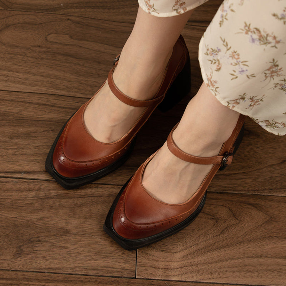 Brown Vegan Leather Closed Toe 4'' Chunky Heel Platform Loafers