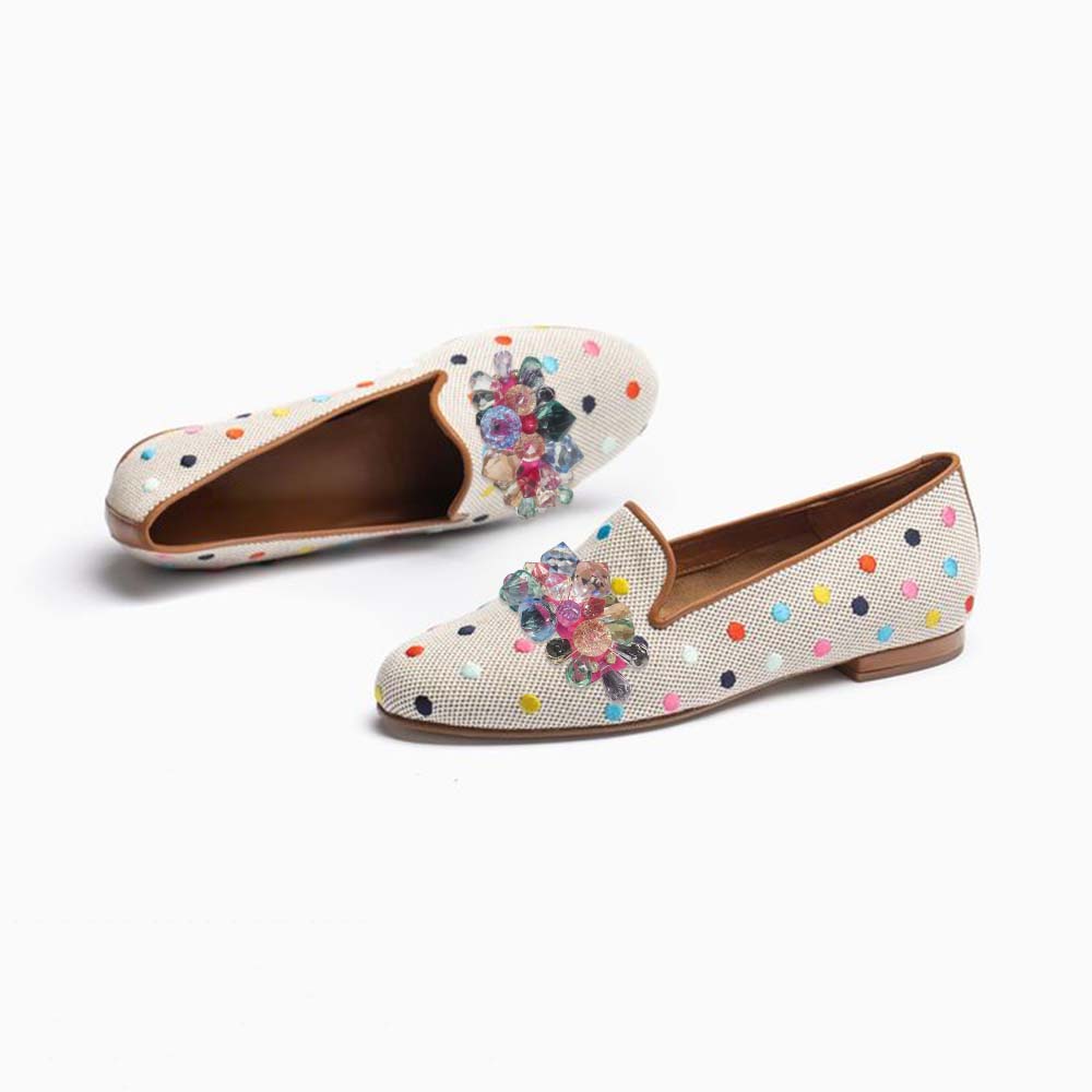 Multicolor Polka Dot Slip-On Women's Loafers with Rhinestones Decor
