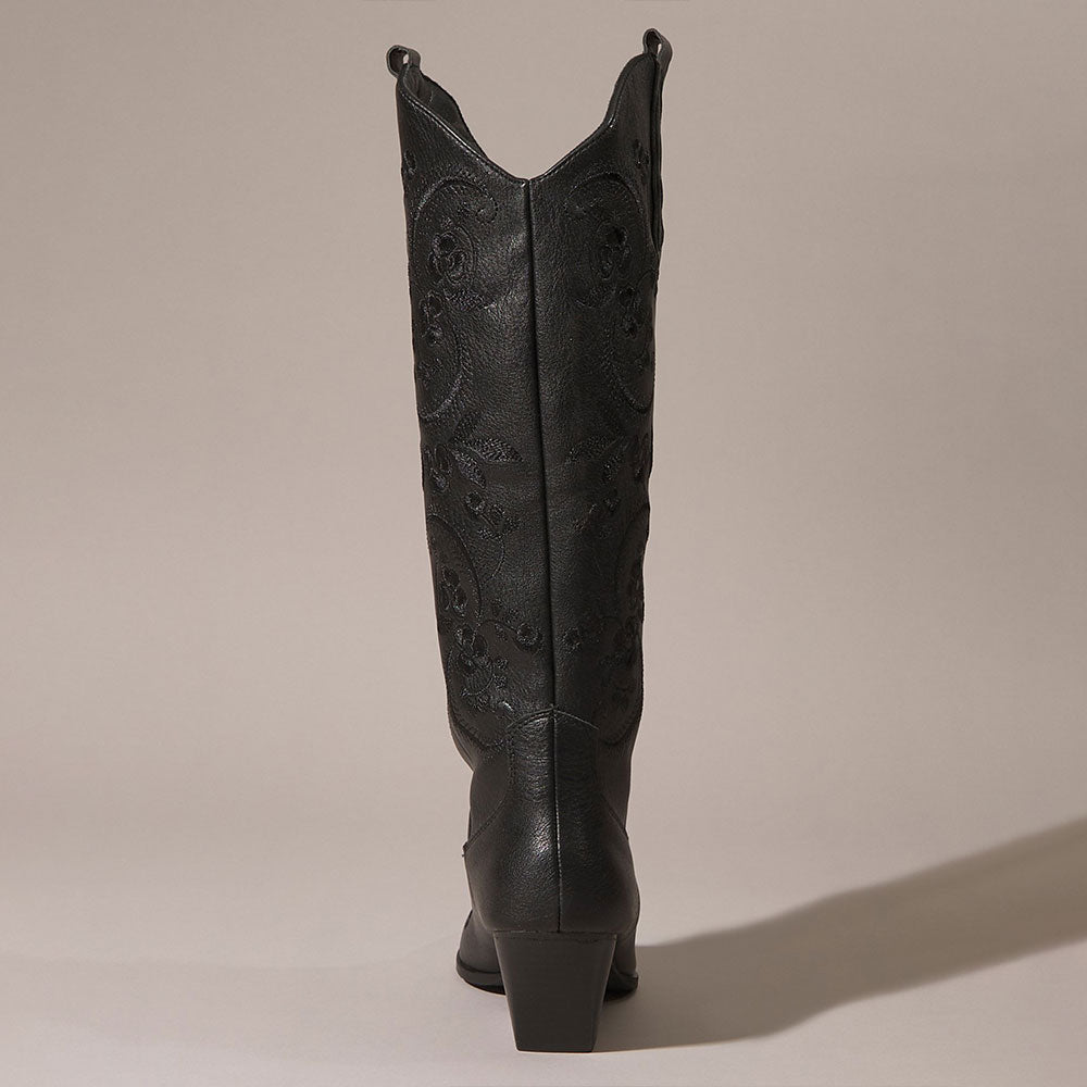 Black Snip Toe Chunky Heel Floral Embroidered Knee High Cowgirl Boots