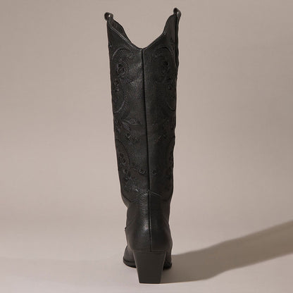 Black Snip Toe Chunky Heel Floral Embroidered Knee High Cowgirl Boots