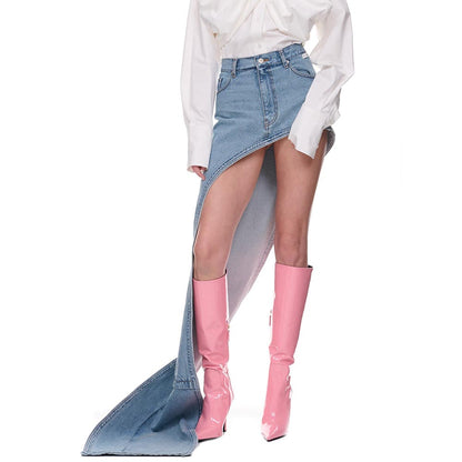 Pink Patent Pointed Toe Stiletto Heel Knee High Boots with Zipper