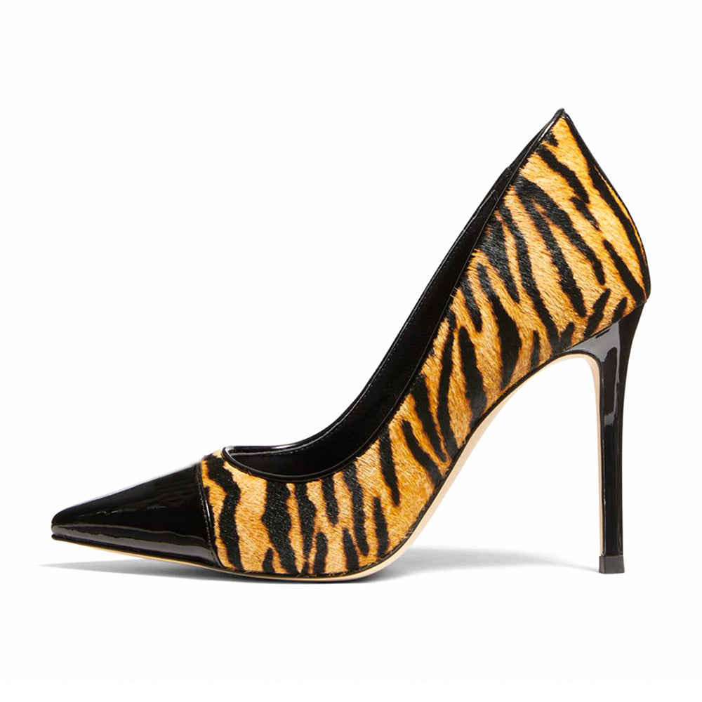 Women's Tiger Print Black Cap Toe Stiletto Heel Fashion Pumps Shoes