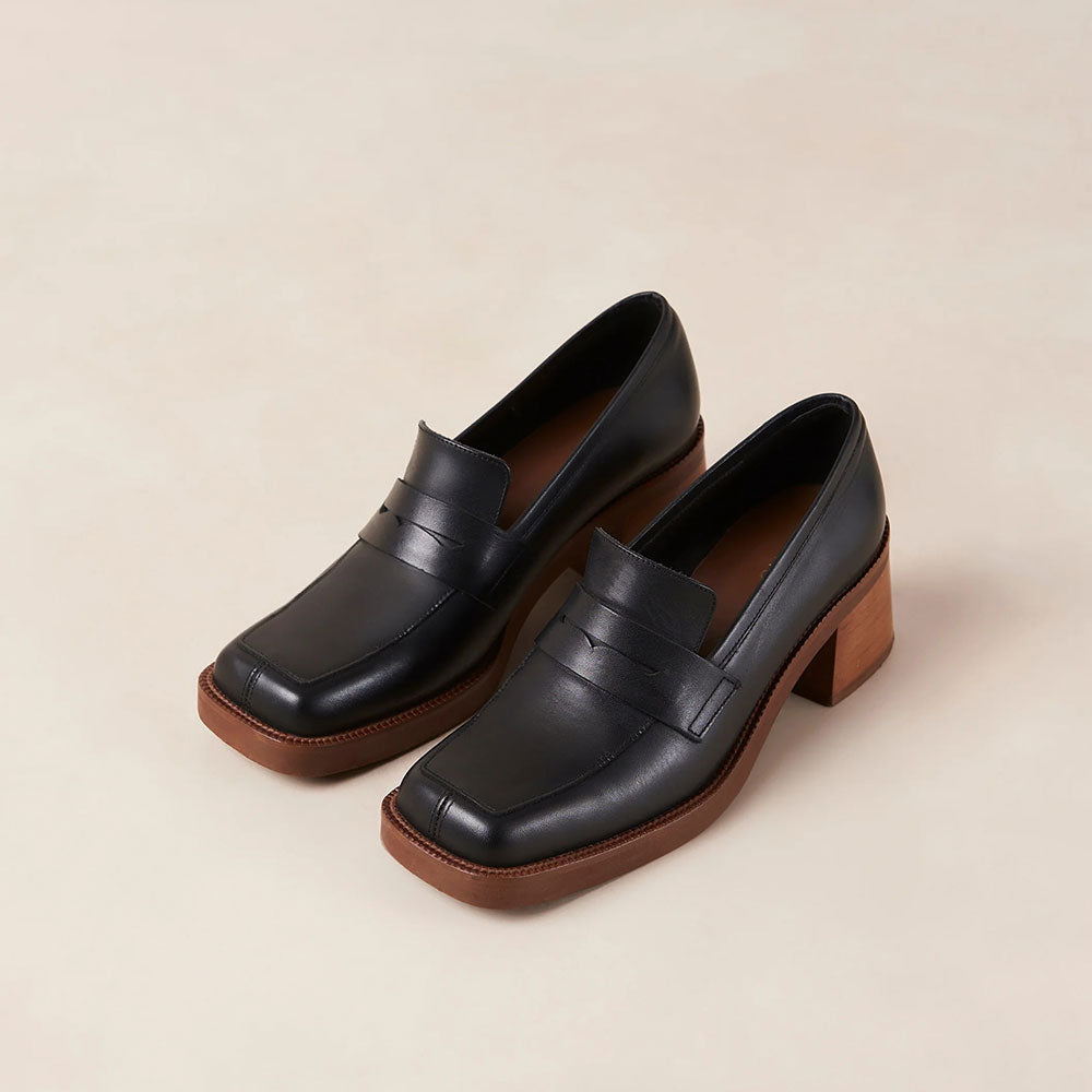 Black Square Toe Block Heel Penny Loafers for Women