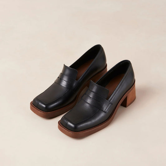 Black Square Toe Block Heel Penny Loafers for Women