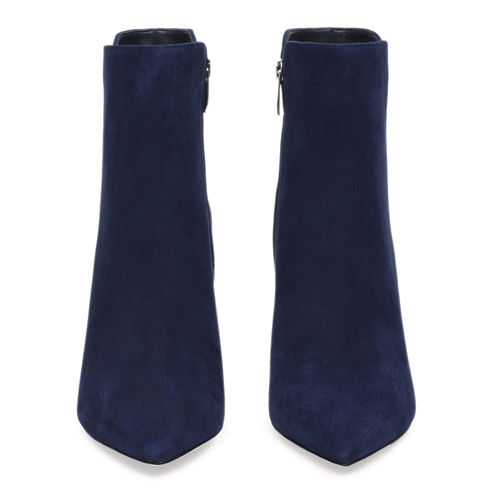 Black Faux Suede Pointed Toe Decorative Heel Ankle Boots