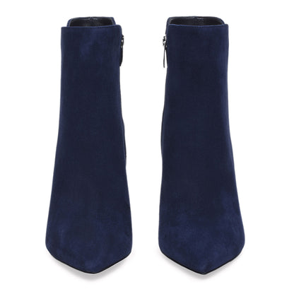 Black Faux Suede Pointed Toe Decorative Heel Ankle Boots