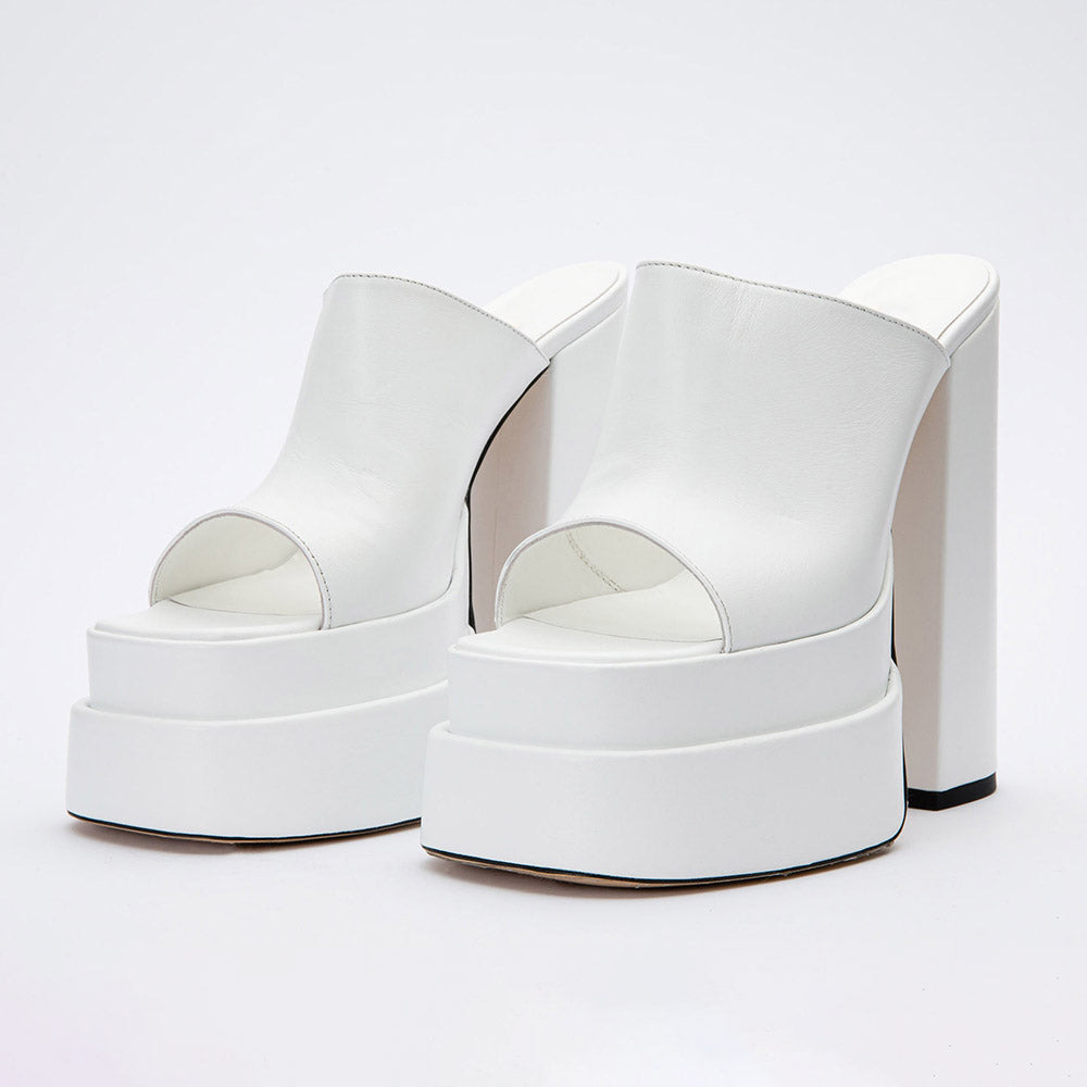 Women's White Open Square Toe High Heel Double Platform Mules