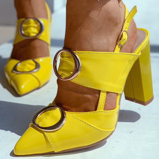 Yellow Patent Leather Double Buckle Slingback Chunky High Heels Shoes