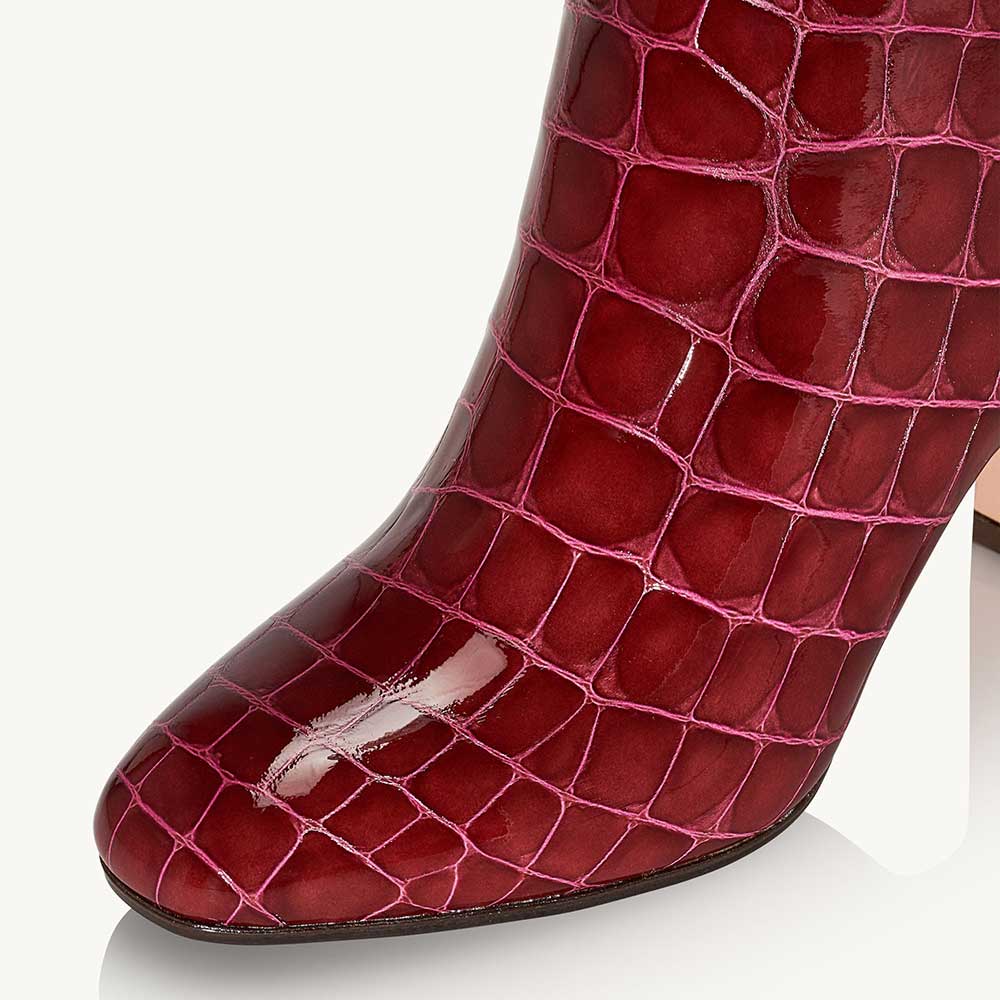 Brown Patent Leather Round Toe Chunky Heel Wide Calf Knee High Boots