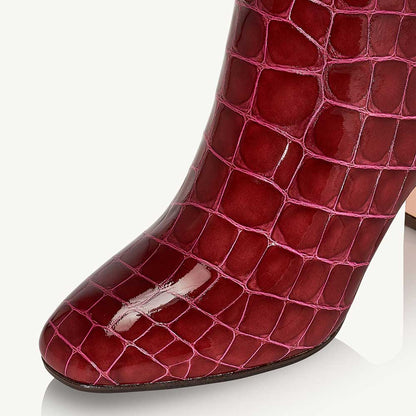 Brown Patent Leather Round Toe Chunky Heel Wide Calf Knee High Boots