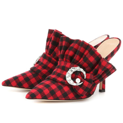 Women's Vintage Black & Red Plaid Pointed Toe Ruffle Mule Heels