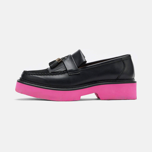 Pink & Black Round Toe Tassel and Fringe Chunky Loafers Women