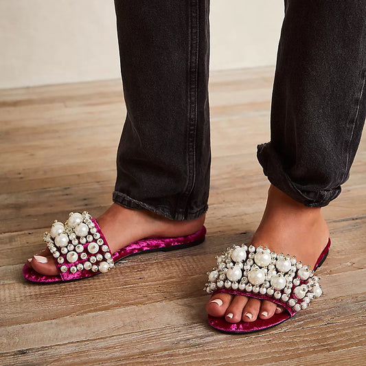 Fuchsia Open Toe Mules Sandals Women's Pearls Shoes Velvet Flats