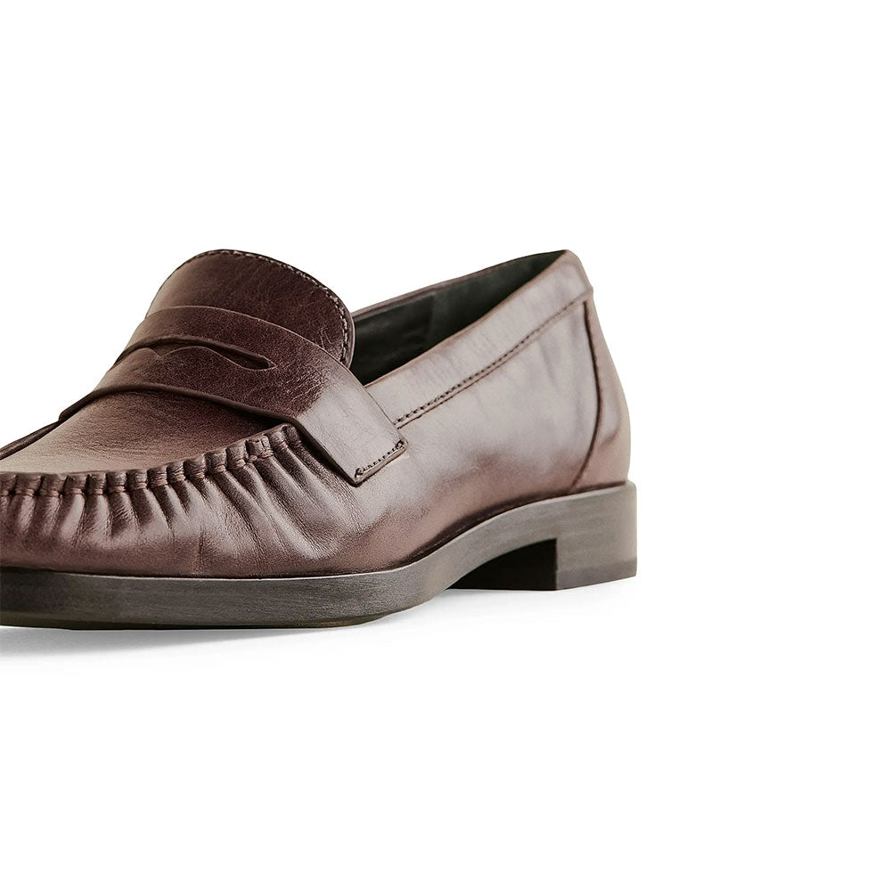 Brown Vegan Leather Ruched Round Toe Flat Penny Loafers Women