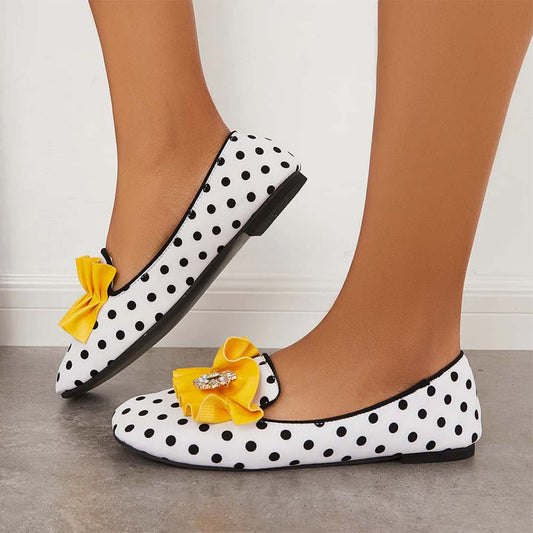White & Black Polka Dot Round Toe  Loafers With Yellow Fold Rhinestone Flower Decor Flats