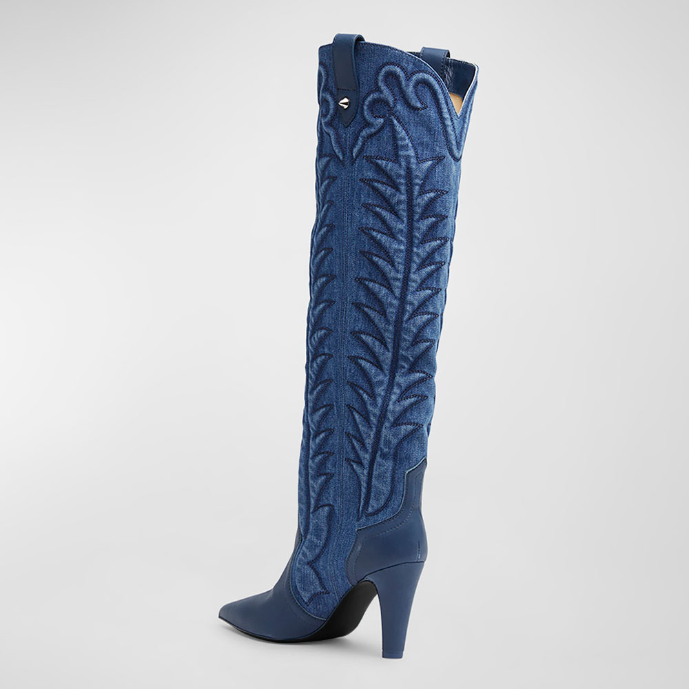 Blue Denim Pointed Toe Stitch Detailing Chunky Heel Knee High Boots