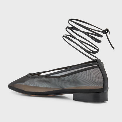 Stylish Black Mesh Square Toe Wrap-Around Ankle Tie Ballet Flats