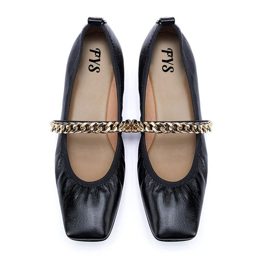 voyabags Square Toe Chain Strap Casual Black Flat Shoes Women