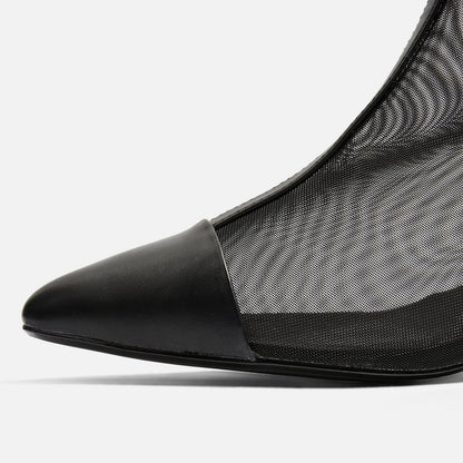 Black Pointy Toe Nets Chunky Heel Ankle Boots