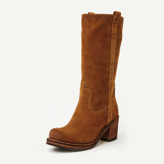 Brown Vegan Suede Round Toe Stacked Heel Classic Mid Calf Boots