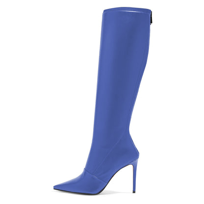 Blue Pointed Toe Stiletto Heel Rear Zip Closure Knee High Boots