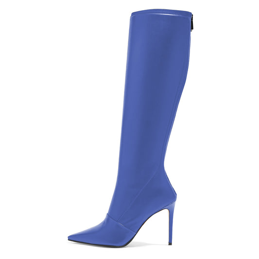 Blue Pointed Toe Stiletto Heel Rear Zip Closure Knee High Boots