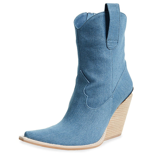 Women's Denim Snip Toe Stylish Western Ankle Boots with Chunky Heels