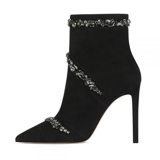 Black Vegan Suede Rhinestone Booties Pointed Toe High Heel Boots