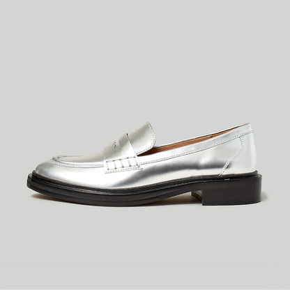 Silver Metallic Finish Round Toe Flat Penny Loafers for Women