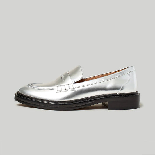 Silver Metallic Finish Round Toe Flat Penny Loafers for Women