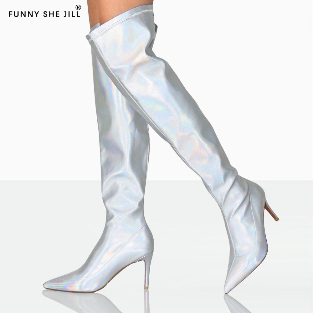 Women's Silver Pointed Toe Holographic Over-the-Knee High Heel Boots