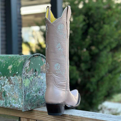 Nude Rose Embroidered Chunky Heel Mid-Calf Cowboy Boots for Women