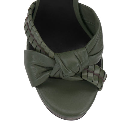 Olive Round-Toe Stiletto Heel Buckled Strappy Woven Platform Sandals