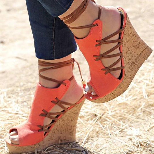 Orange Wedges Strappy Peep Toe Vegan Suede Platform Sandals