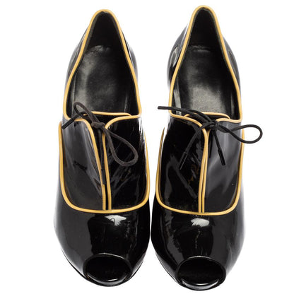 Black Patent Leather Peep Toe Stiletto Heel Lace Up Ankle Boots