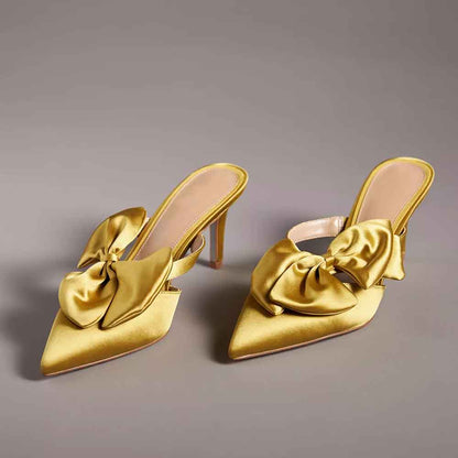 Yellow Satin Pointed Toe Stiletto Heel Mules with Bow